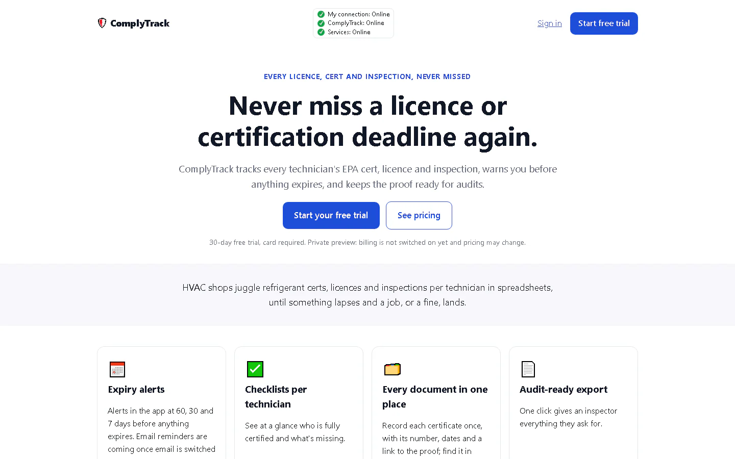 ComplyTrack landing page headline: Never miss a licence or certification deadline again.