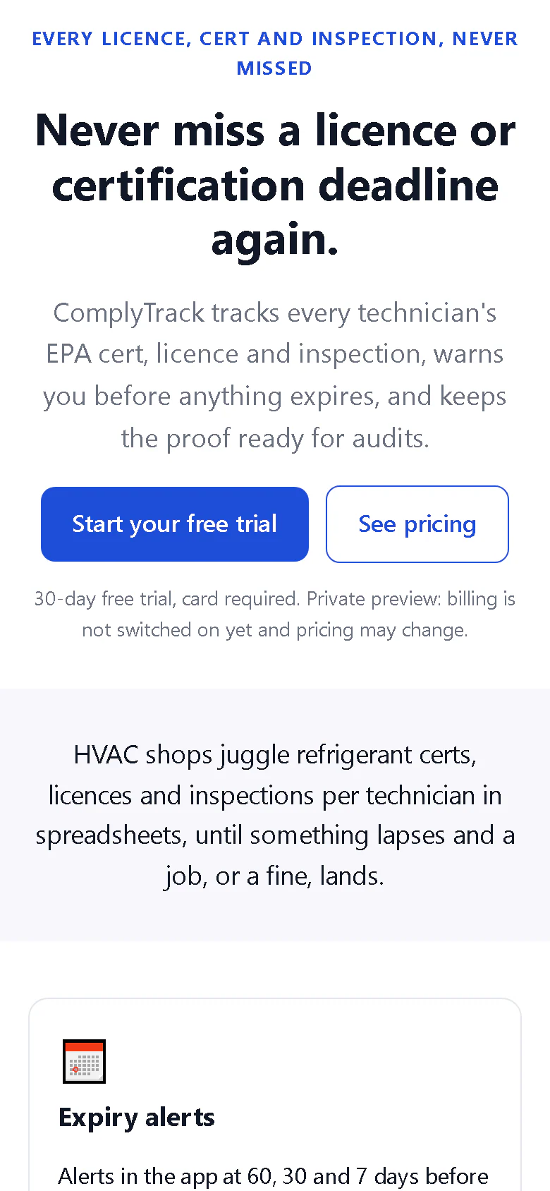 ComplyTrack landing page on a phone-sized screen