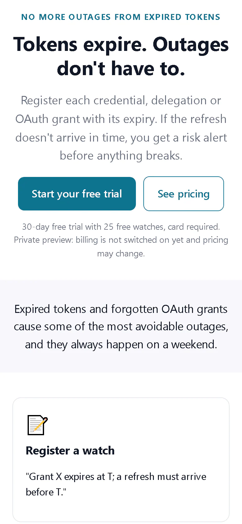 Delegation Expiry Watch landing page on a phone-sized screen