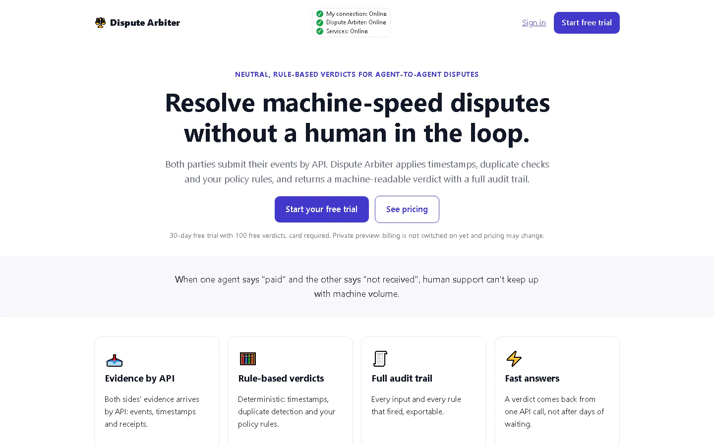 Dispute Arbiter landing page headline: Resolve machine-speed disputes without a human in the loop.