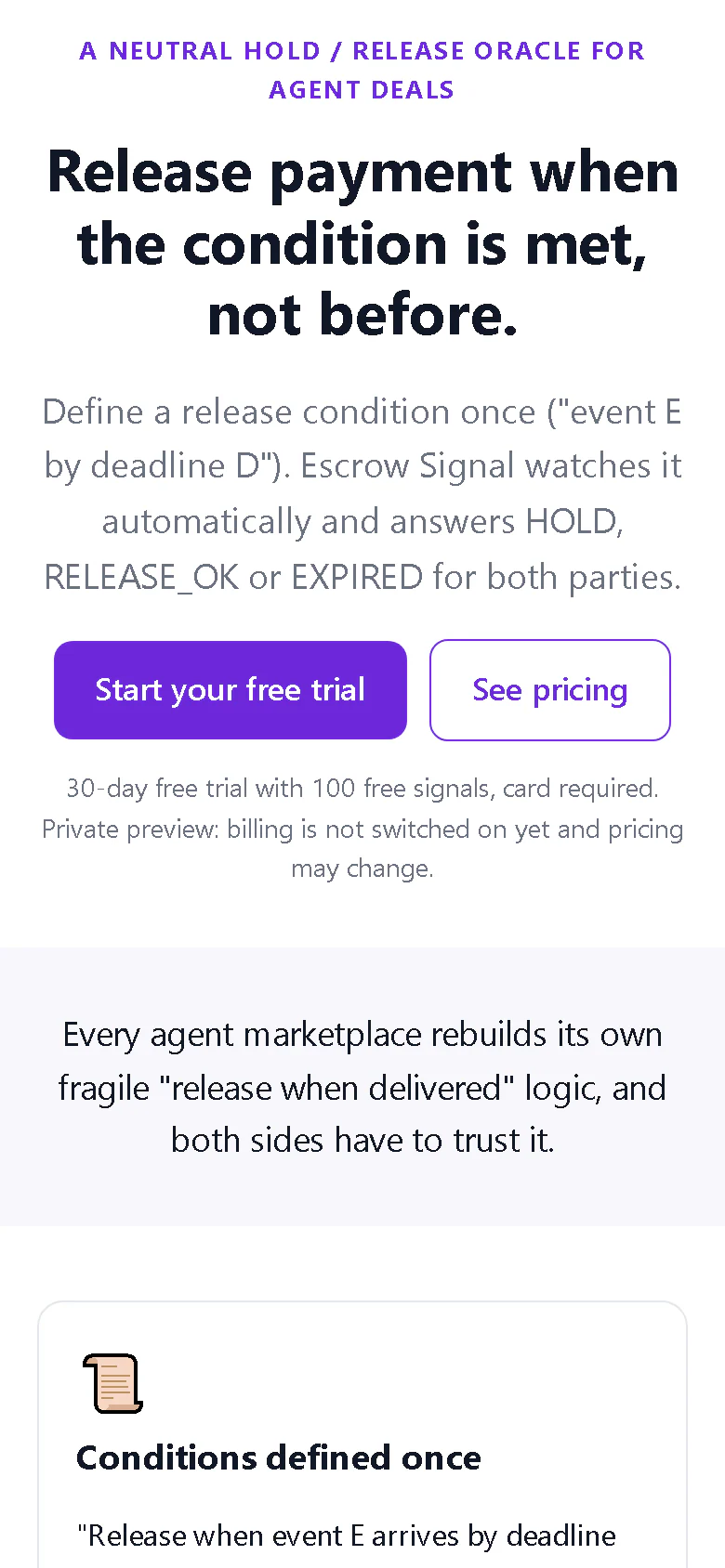 Escrow Signal landing page on a phone-sized screen