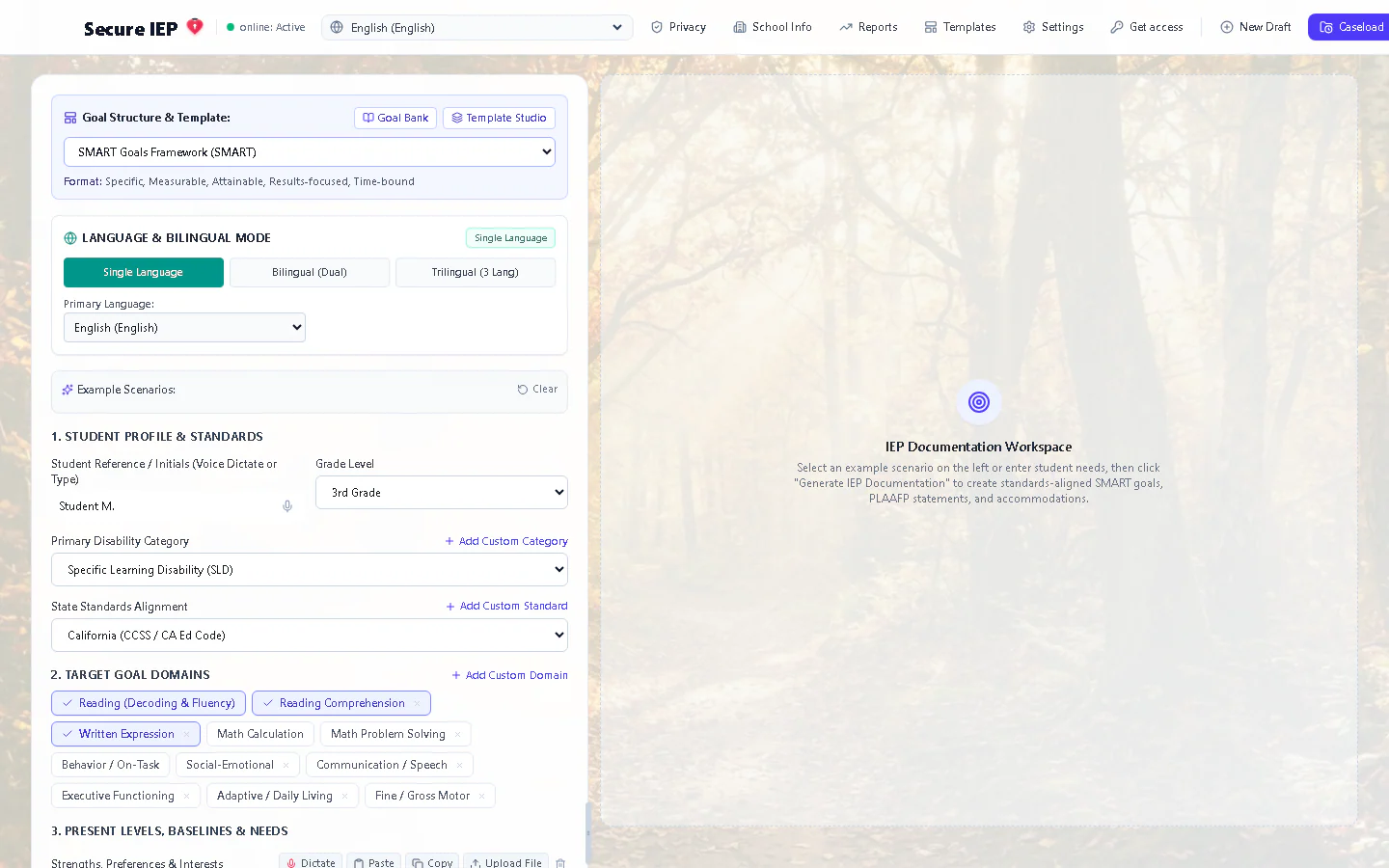 Secure IEP workspace with goal template, bilingual mode, student profile fields and an IEP documentation panel