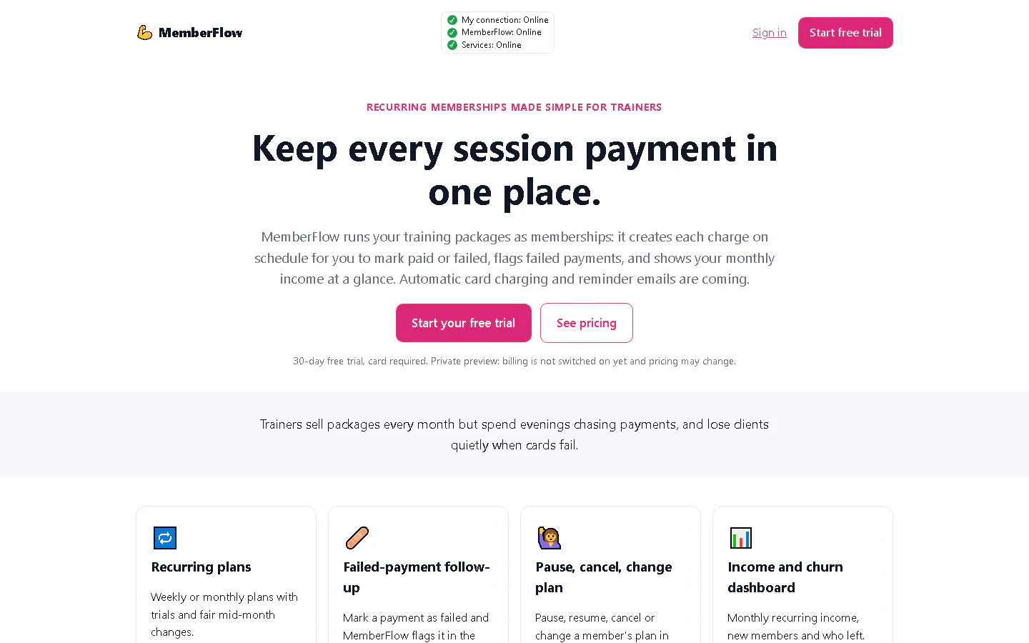MemberFlow landing page headline: Keep every session payment in one place.