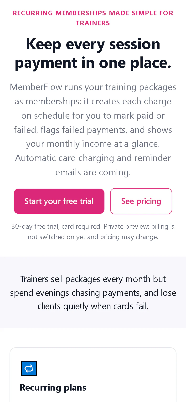 MemberFlow landing page on a phone-sized screen