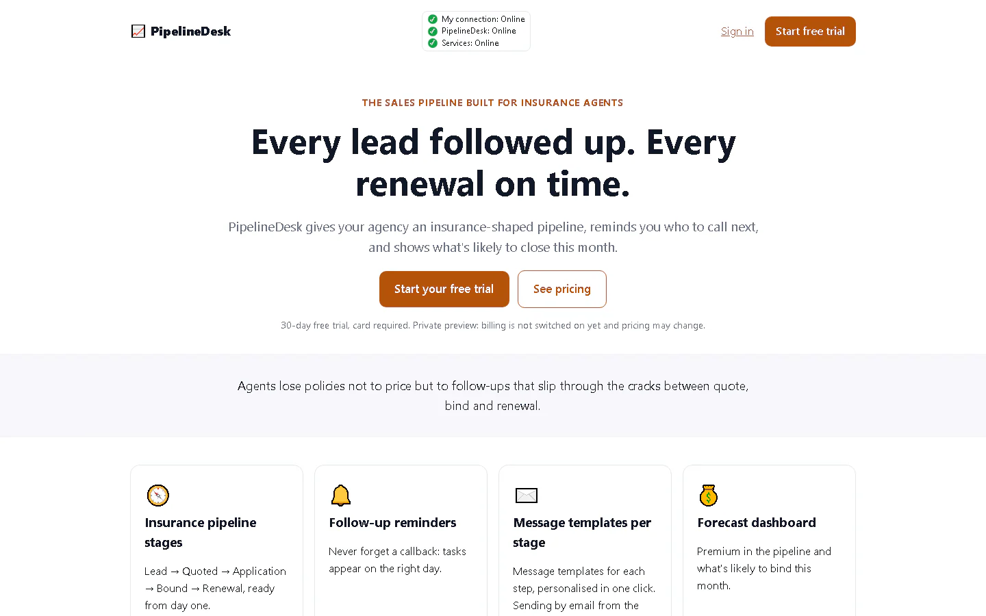 PipelineDesk landing page headline: Every lead followed up. Every renewal on time.