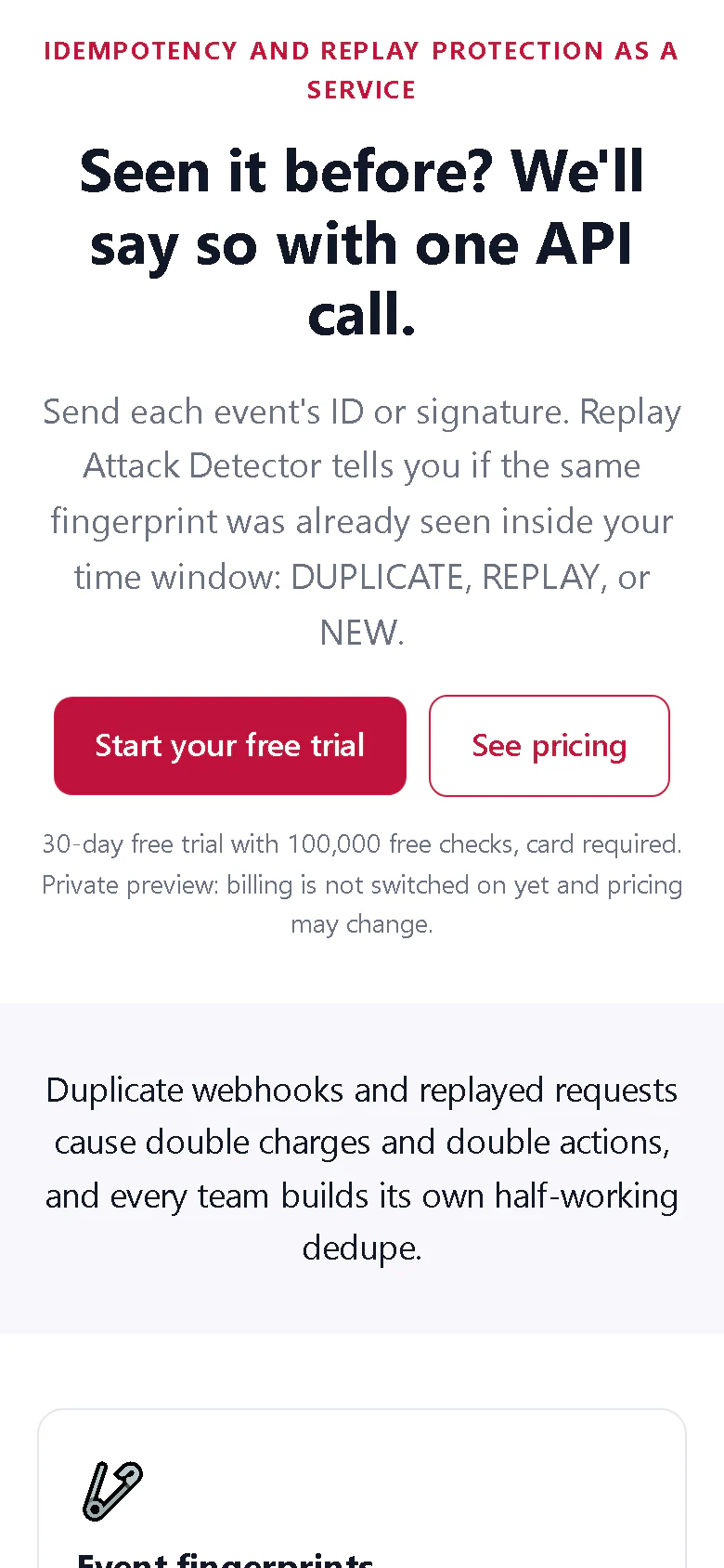 Replay Attack Detector landing page on a phone-sized screen