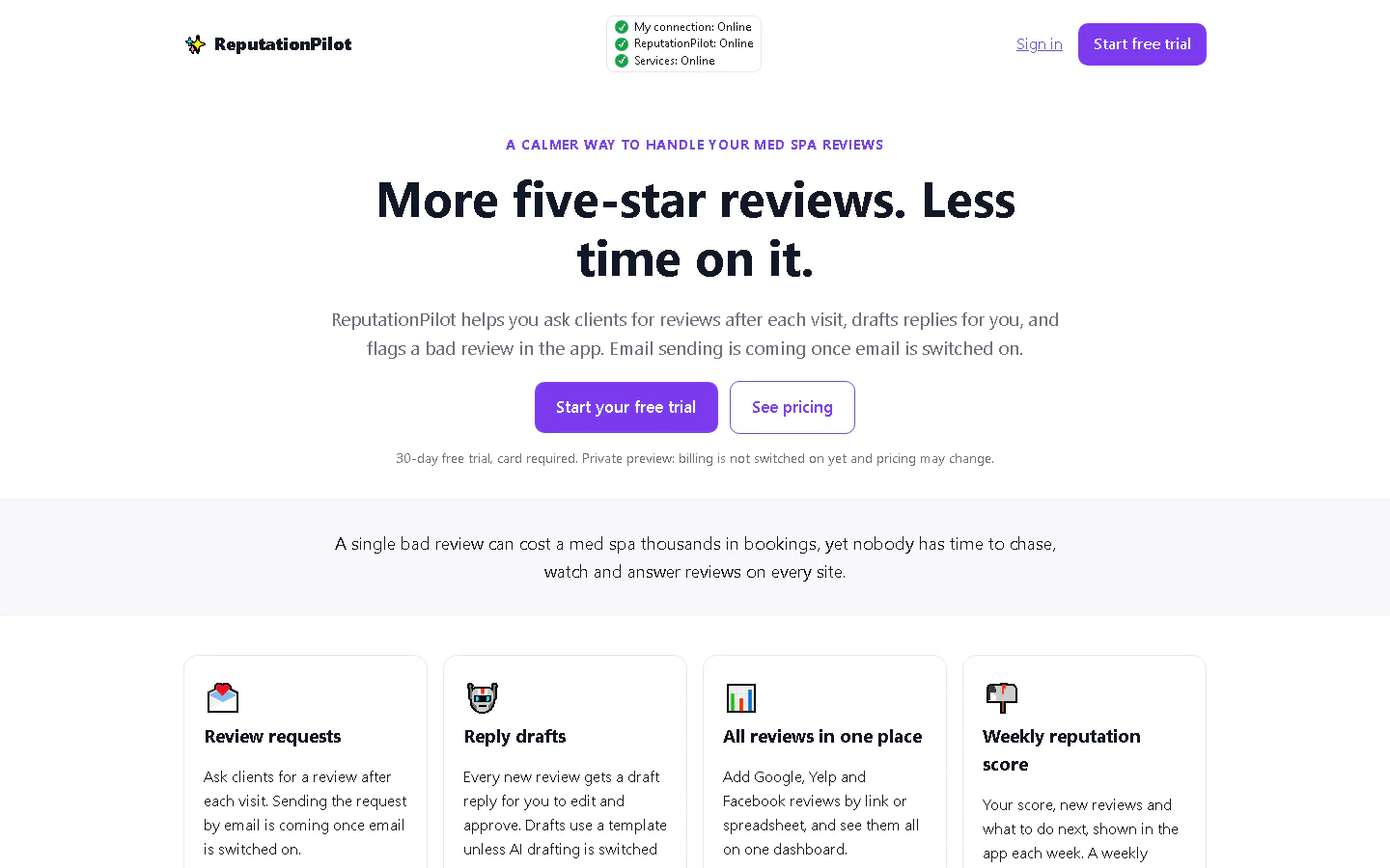 ReputationPilot landing page headline: More five-star reviews. Less time on it.