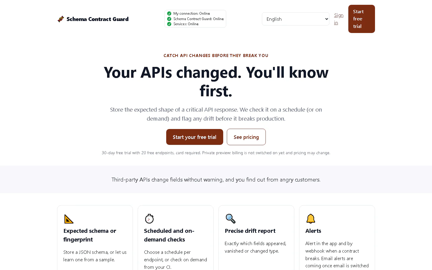 Schema Contract Guard landing page headline: Your APIs changed. You'll know first.