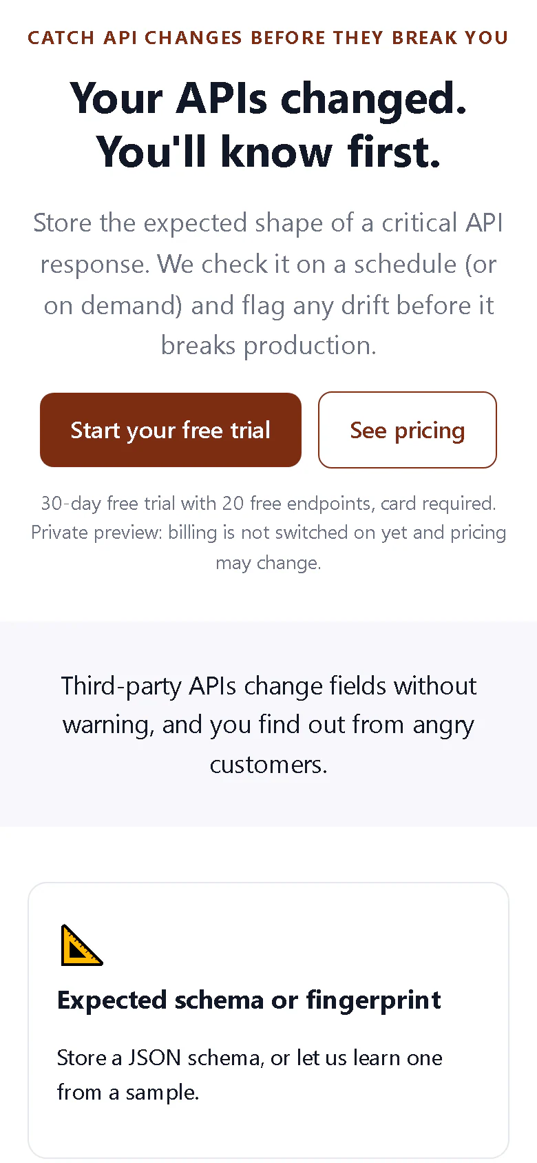Schema Contract Guard landing page on a phone-sized screen