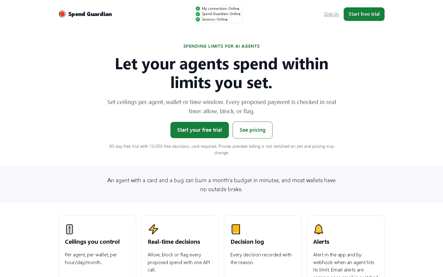 Spend Guardian landing page headline: Let your agents spend within limits you set.