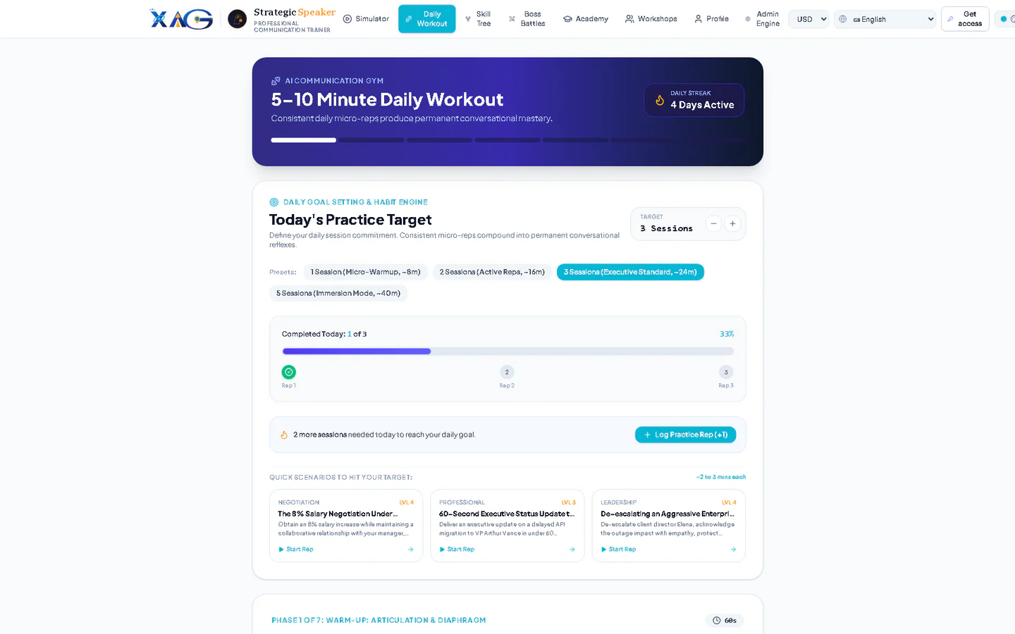 StrategicSpeaker daily workout with a three-session target, streak counter and quick scenarios