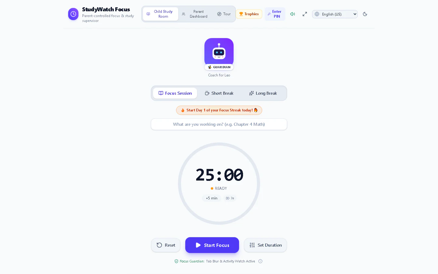 StudyWatch focus timer showing 25 minutes with a friendly guardian coach for a child