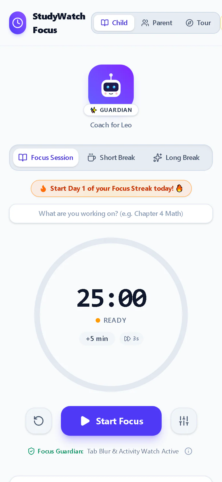 StudyWatch focus timer on a phone-sized screen
