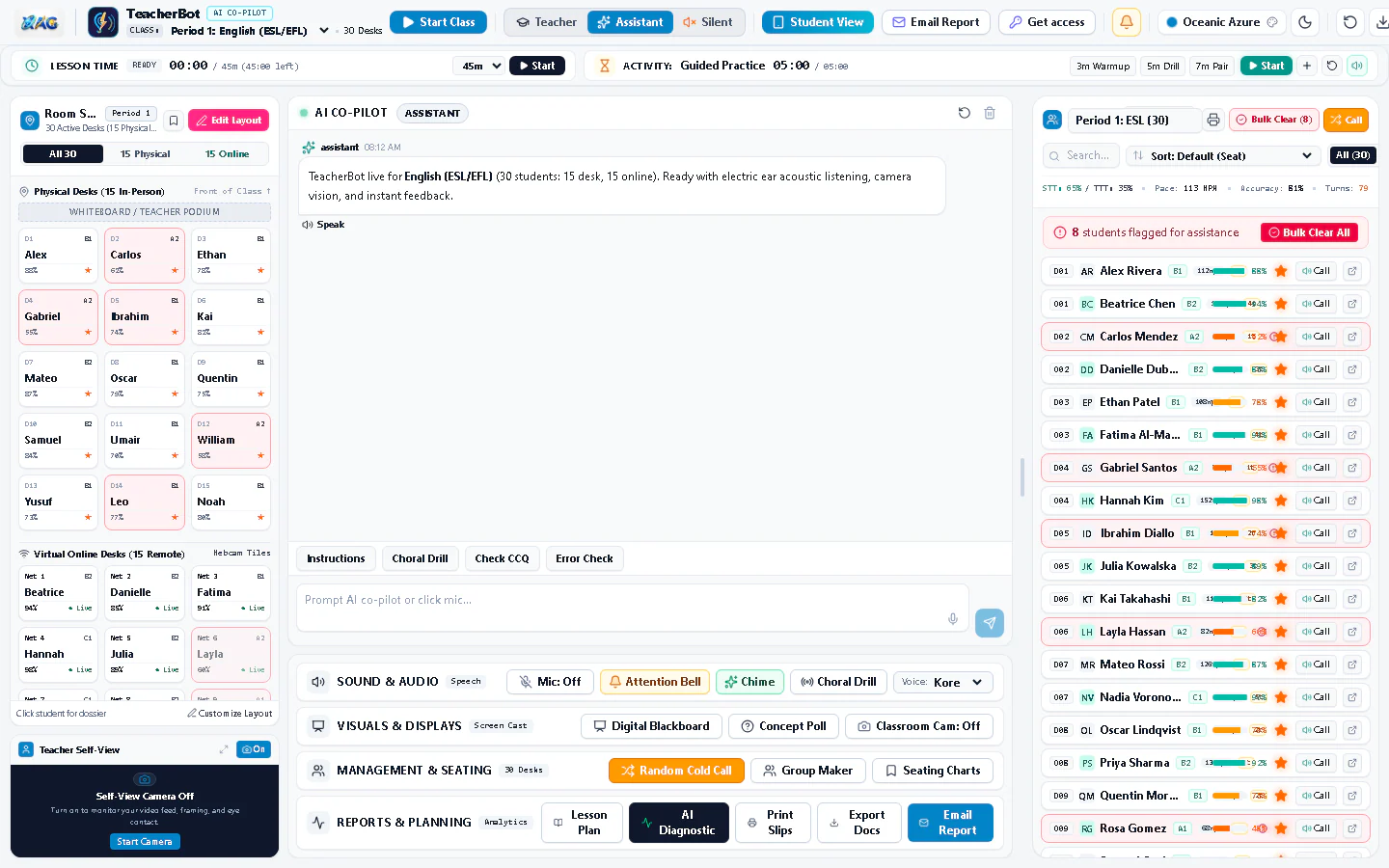 TeacherBot classroom dashboard showing a seating plan of 30 demo students, an AI co-pilot panel and a lesson timer