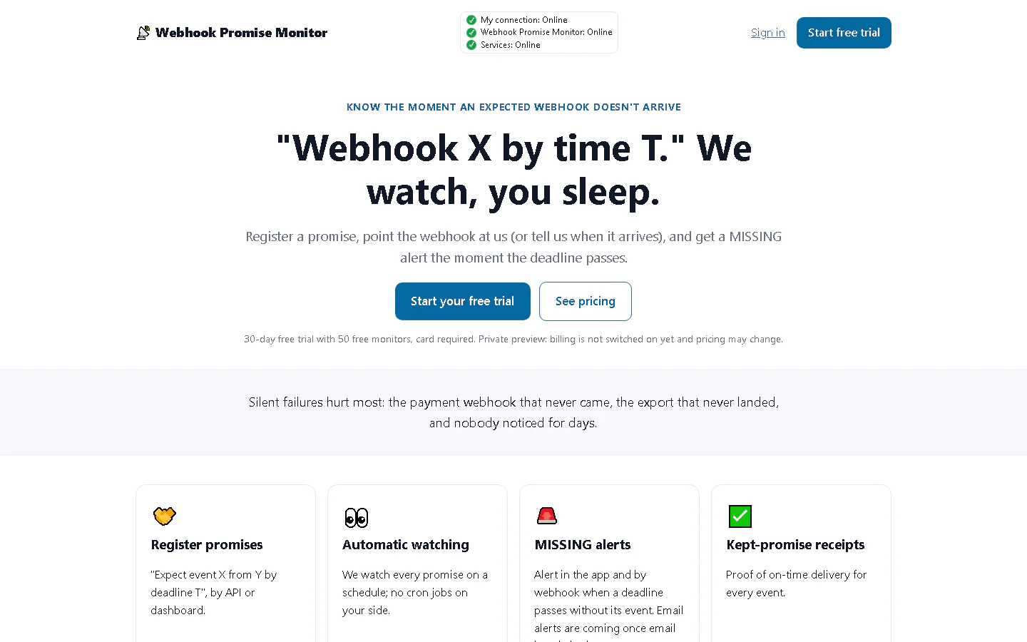 Webhook Promise Monitor landing page headline: "Webhook X by time T." We watch, you sleep.
