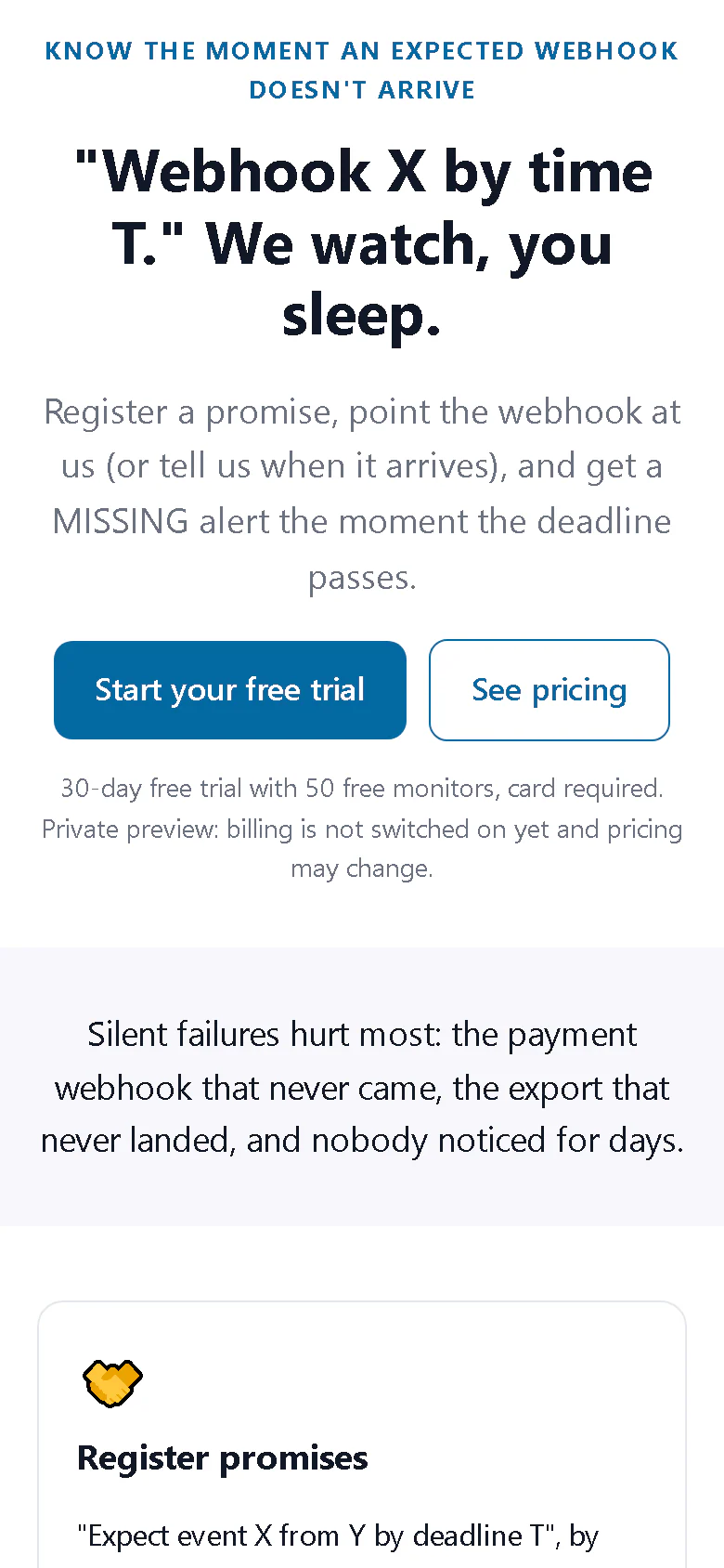Webhook Promise Monitor landing page on a phone-sized screen